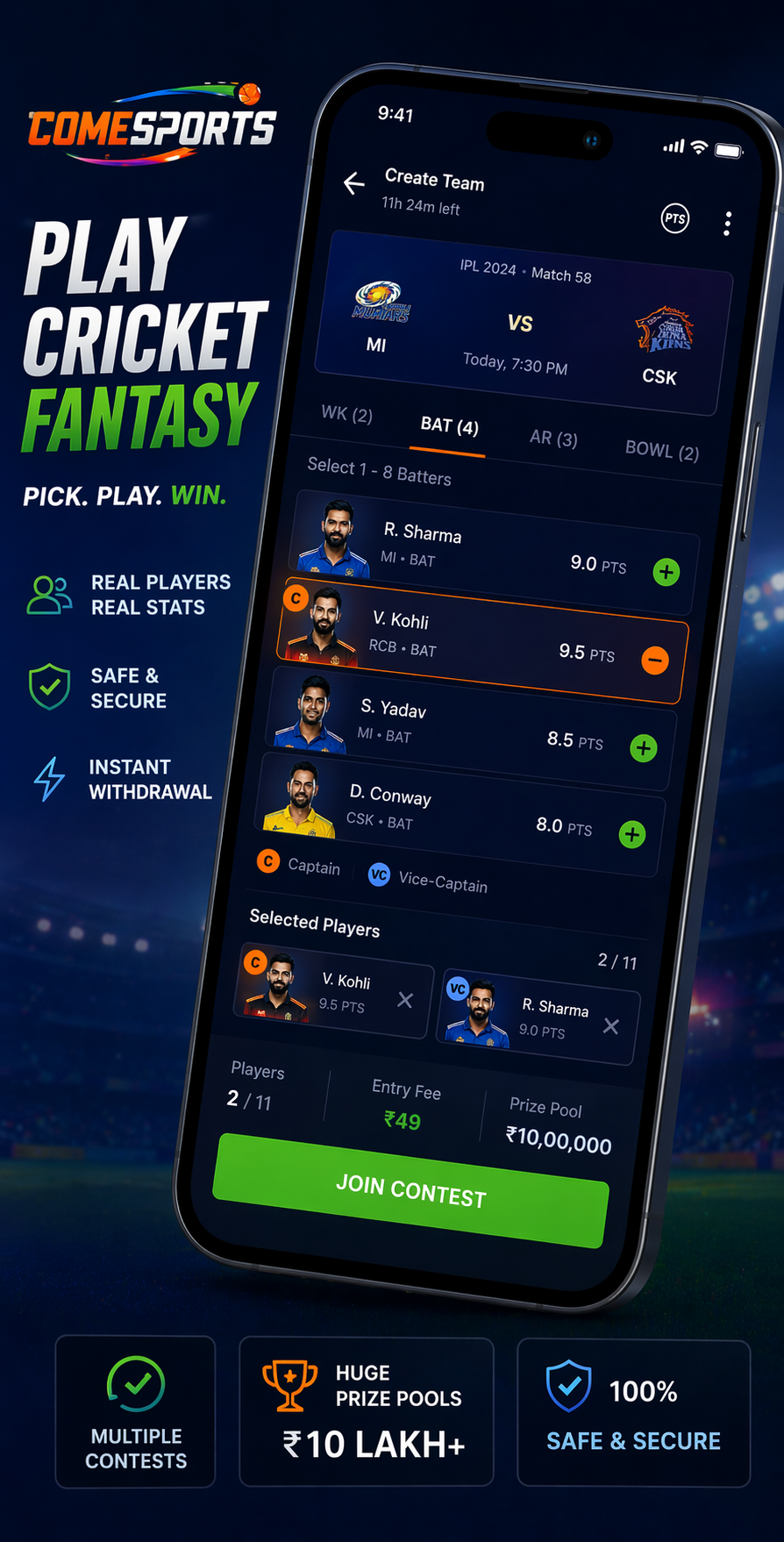 COME CLUB cricket fantasy visual